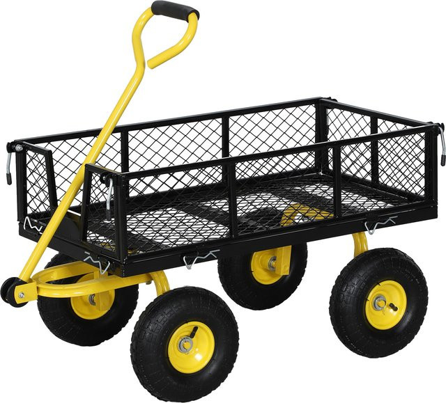 Outsunny Gartenwagen aus Stahl mit abnehmbaren Seiten und 180 Grad drehbarem Griff, Schwarz und Gelb - Bild 1