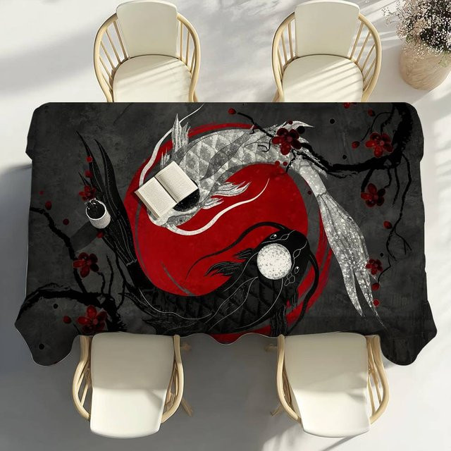 Wasserdichte und fleckenabweisende Tischdecke mit japanischem Koi-Motiv von Fancy Style Studio, Farbe: Schwarz, B x L: 140 x 160 cm - Bild 1