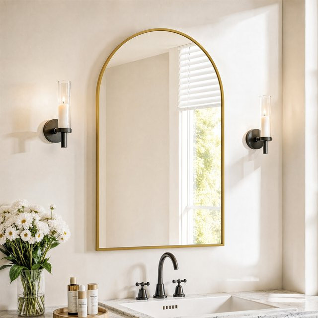 Rosahqnda Bogenförmiger Wandspiegel aus gehärtetem Glas mit Aluminiumrahmen in Gold/Weiß, B: 91 cm, H: 61 cm - Bild 1