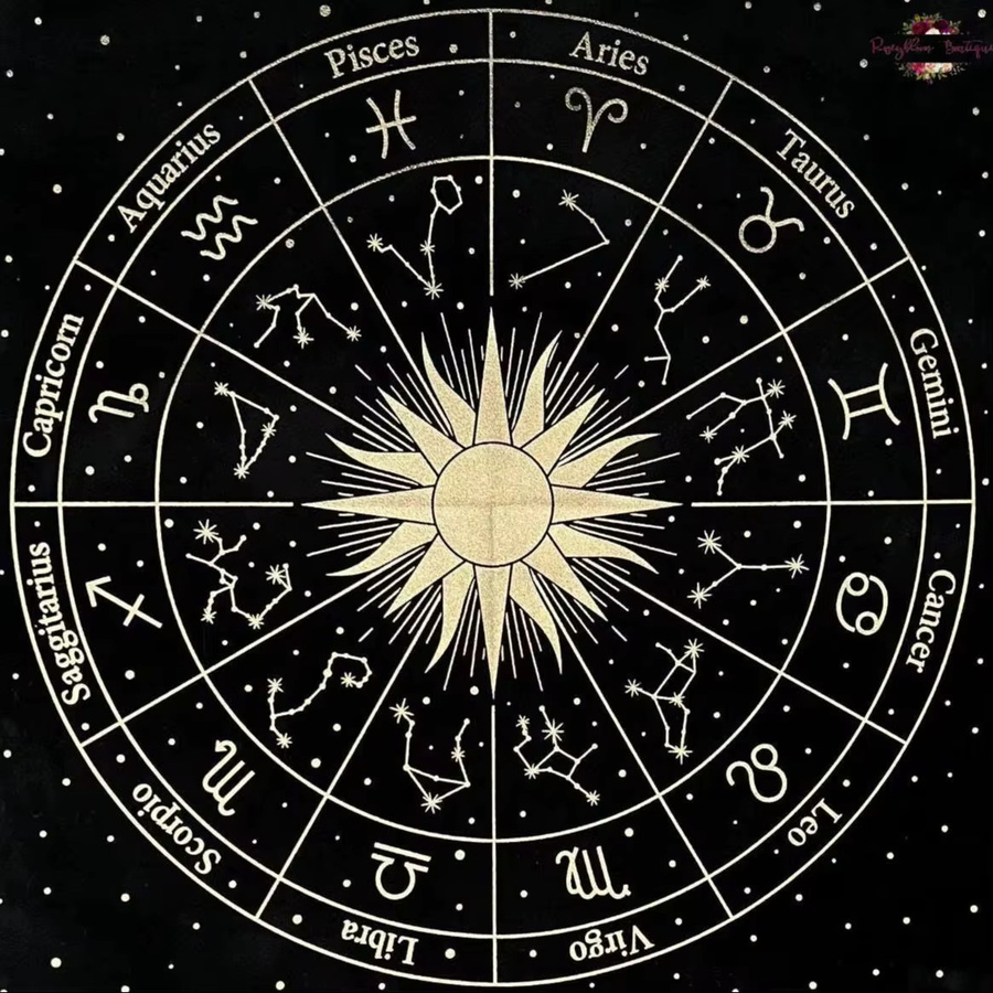 VIKAMA Tarot-Tischdecke mit Sternzeichen-Motiv in Schwarzgold, Astrologie-Altartuch im Boho-Stil aus Leinen - Bild 2