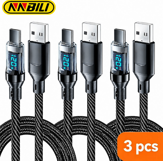 NNBILI 3-teiliges Schnellladekabel Set 120W mit LED-Digitalanzeige, USB Typ C zu USB C und USB A zu Typ C, Schwarz - Bild 1