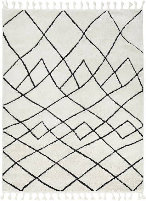 DONE Teppich Lake in Weiß und Schwarz mit Fransen im Boho-Stil und geometrischem Design - Bild 1