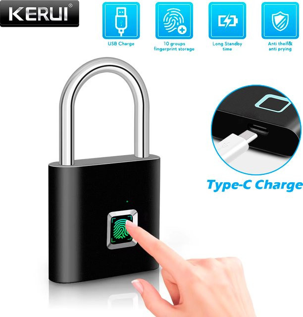 KERUI Intelligentes Fingerabdruck-Vorhängeschloss in Schwarz, wasserdichtes schlüsselloses Türschloss mit USB-C Typ, wiederaufladbares Sicherheits-Vorhängeschloss - Bild 1
