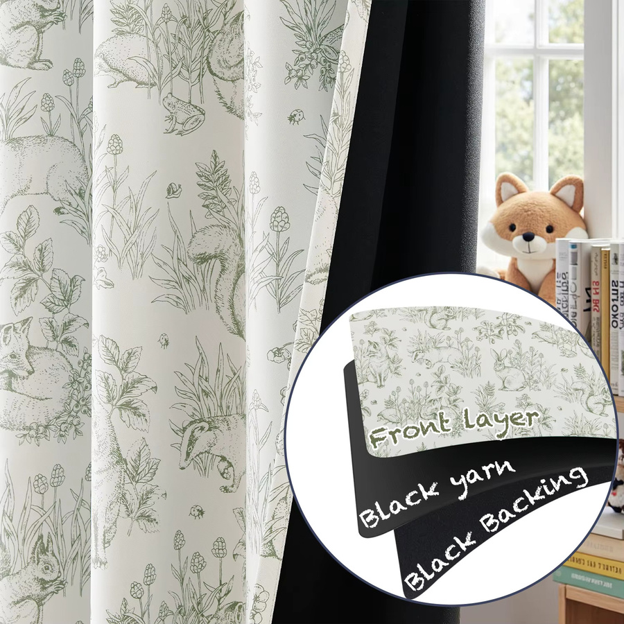 JINCHAN 2-teiliges Set Verdunkelungsvorhänge mit Grasland- und Pflanzenmotiv in Schwarz und Grün für Kinderzimmer und Wohnzimmer - Bild 3