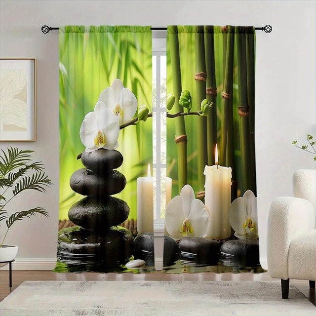 Yiran Furniture Vorhänge mit Bambus-Motiv im modernen Stil, halbtransparent, Polyester, B: 100 cm, H: 130 cm - Bild 1