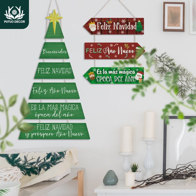 Putuo Decor Feliz Navidad Weihnachts-Hängeschild aus Holz für deine Wanddekoration - Bild 1