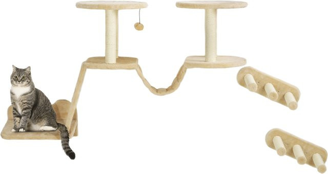 PawHut Katzen Kletterwand Set beige, 3-teiliges Katzenmöbel aus Spanplatte und Sisal mit Sitzstangen, Leiter, Stufen und Kratzbrett, B/H/L: 38,5 x 83 x 158 cm - Bild 1