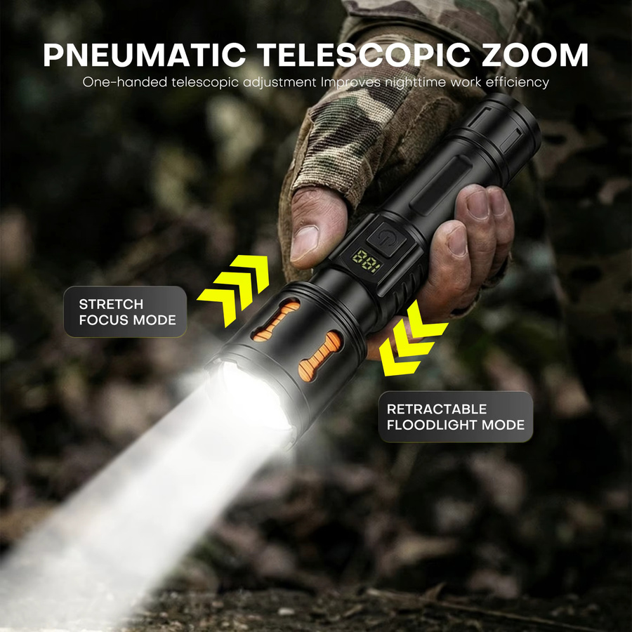 PASIION Wiederaufladbare LED-Taschenlampe mit 1500 Lumen, Digitalanzeige und Teleskop-Zoom in Schwarz - Bild 5