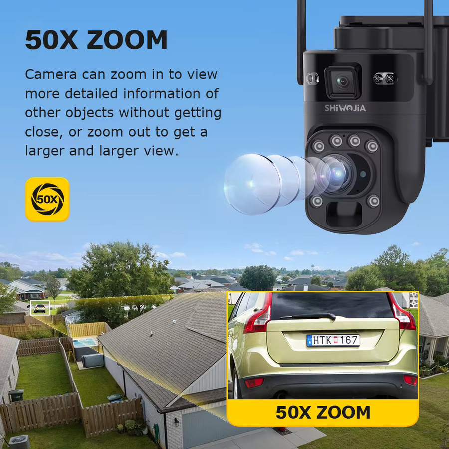 SHIWOJIA Solar-Sicherheitskamera mit 50-fach optischem Zoom, Dual-Bildschirm, WLAN und 4G, Außen-IP-Kamera mit Nachtsicht und PIR-Erkennung via UBox App - Bild 2