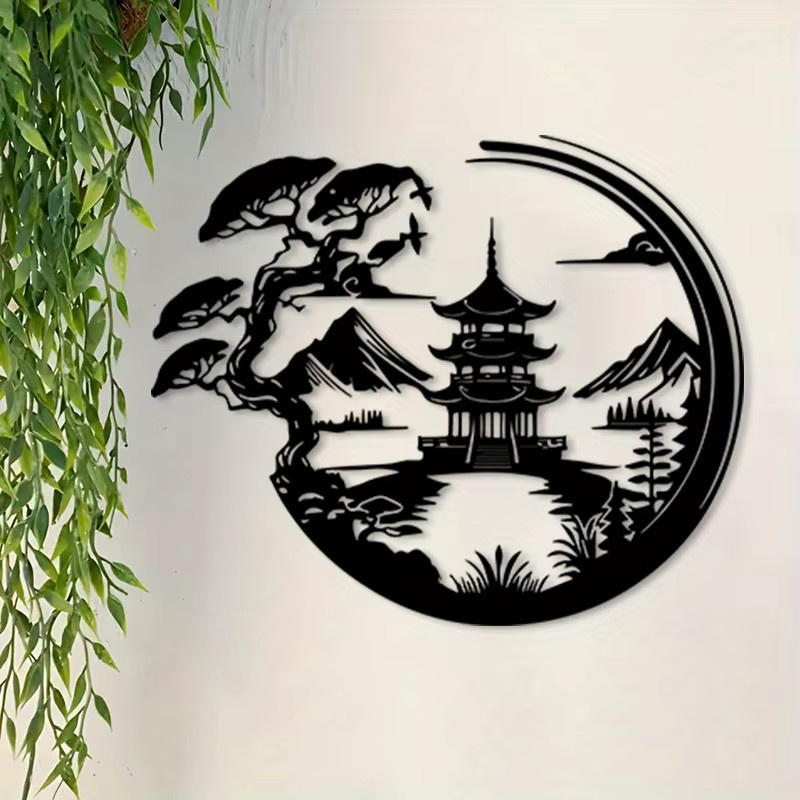 CIFBUY Metall-Wandkunst Pagoden-Motiv Mondlichtnacht in Schwarz im asiatischen Stil - Bild 3