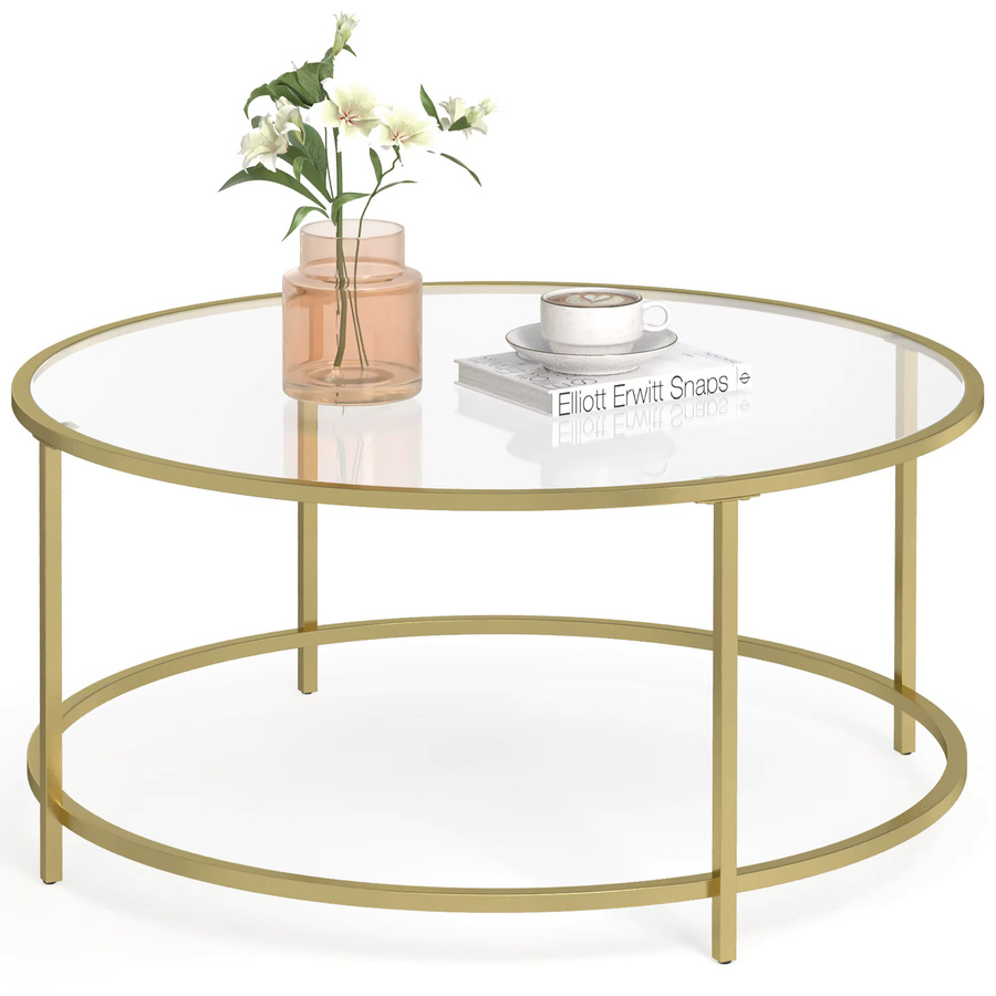 VASAGLE Couchtisch rund mit transparentem Glastisch und goldenem Eisen-Gestell - Bild 1