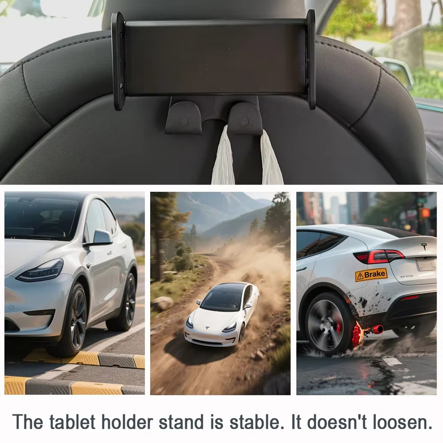 Beworth Kopfstützen-Tablethalterung für Tesla Model 3 Y Juniper Highland in Schwarz mit Handyhalterung und Haken für den Rücksitz als iPad-Zubehör - Bild 6