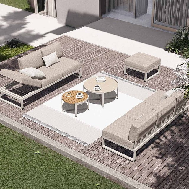 Zebra Fly Loungeset 5-teilig in Beige mit 2 3-Sitzer Sofas, Tischset und Hocker aus pulverbeschichtetem Aluminium - Bild 1