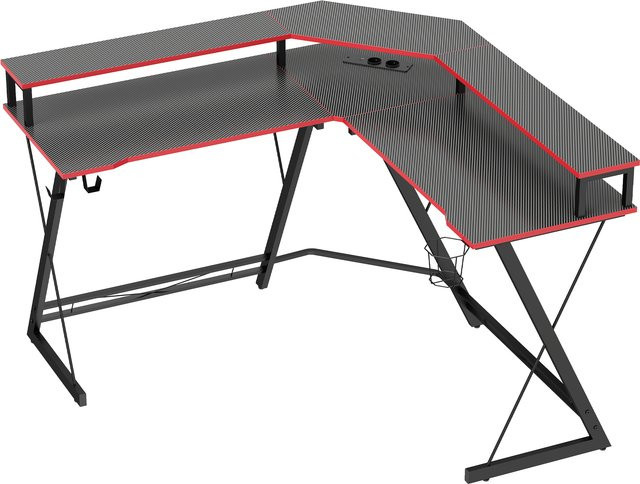 HOMCOM Gaming Tisch L-Form in Schwarz mit Steckdosen, USB-Anschlüssen, Monitorständer, Kopfhörerhalter und Getränkehalter, Eckschreibtisch mit Carbon-Optik für Home Office, B/T/H: 128 x 128 x 45 cm - Bild 1