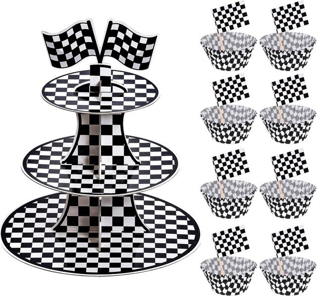 100 Stück Cupcake-Set im Rennwagen-Design mit schwarz-weiß karierten Cupcake-Toppern und Papierförmchen - Bild 1