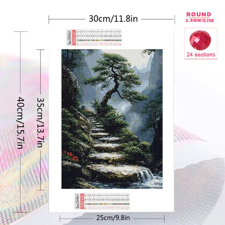 Momoart Diamant-Malerei Baum-Landschaft DIY Bastelset mit bunten Rund-Strasssteinen zur Heimdekoration B: 30,0 cm, H: 20,0 cm - Bild 2