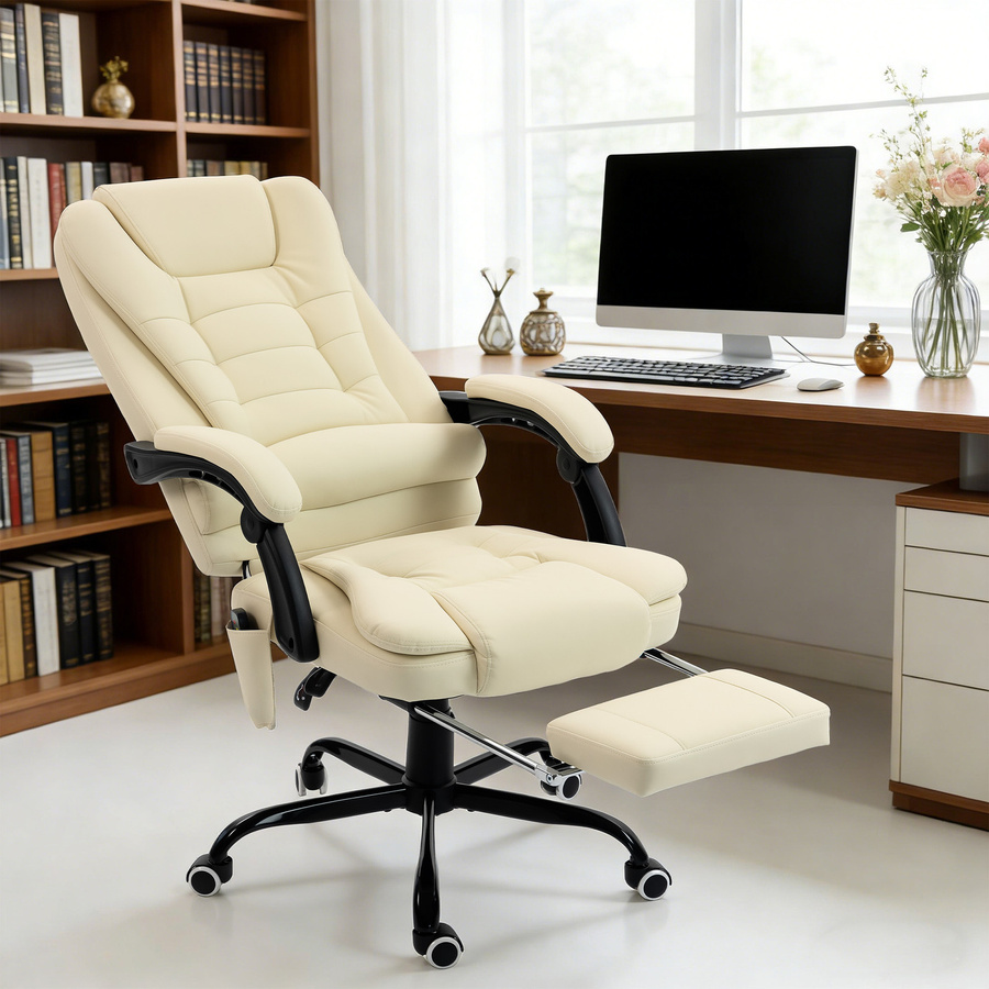 Vinsetto Massierender Bürostuhl 7-Punkt von Aosom, ergonomischer Executive Chair mit ausziehbarer Fußstütze und neigbarer Rückenlehne bis 155 Grad, höhenverstellbar und 360 Grad drehbar, Beige - Bild 2