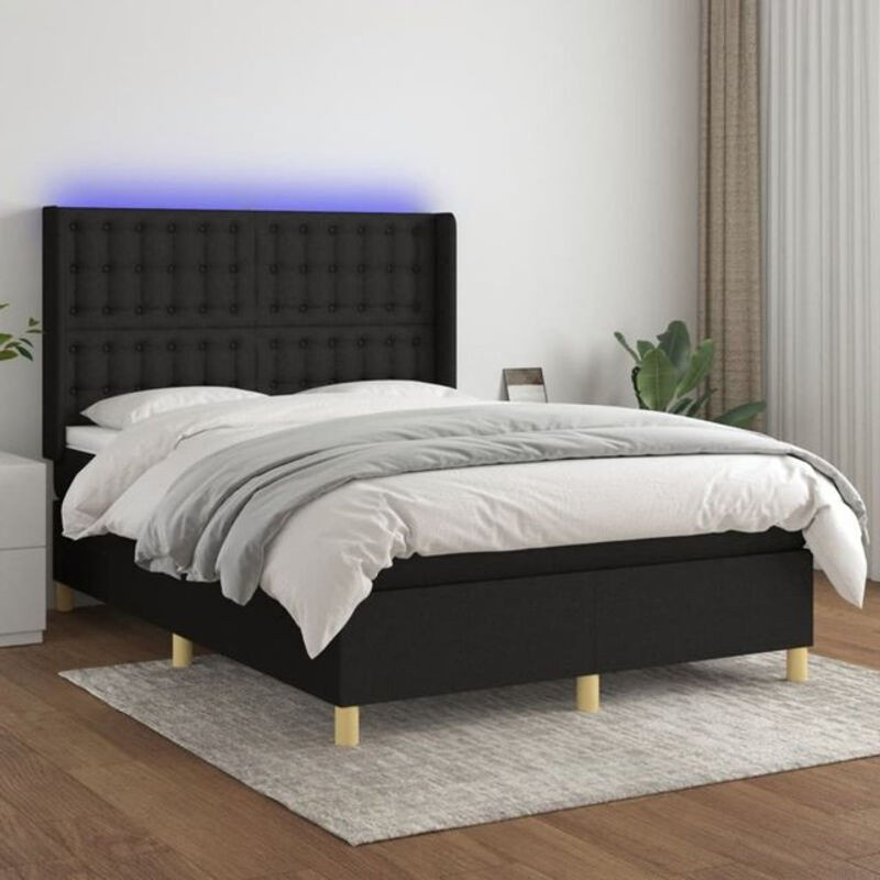 vidaxl Boxspringbett mit Matratze und LED in Schwarz aus Stoff, B/B: 140 x 190 cm - Bild 1