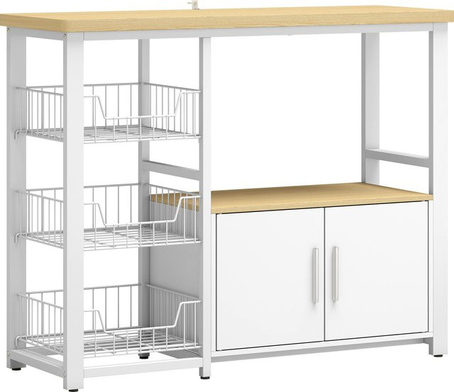Aosom Küchenschrank mit 3 Körben und 2 Türen in Weiß und Eiche, Mikrowellenständer mit Arbeitsplatte für Küche und Esszimmer, B/T/H: 100 x 35 x 80 cm - Bild 1