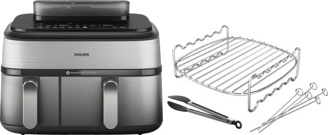 Philips 5000 Series Dual Basket Heißluftfritteuse NA555/00 mit Dual Zone Technologie und Garset in Silber aus Edelstahl - Bild 1