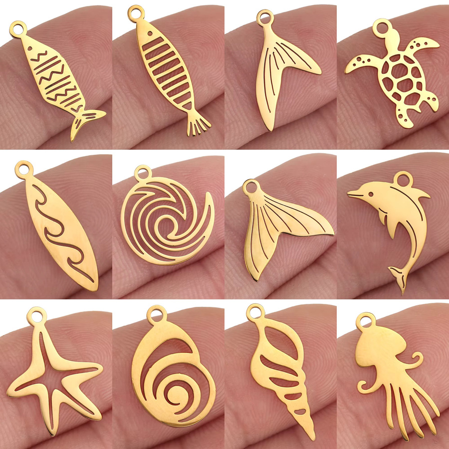 5 Stück Charms Ozean Fisch/Welle/Fischschwanz, Edelstahl, Gold, Unisex - Bild 2