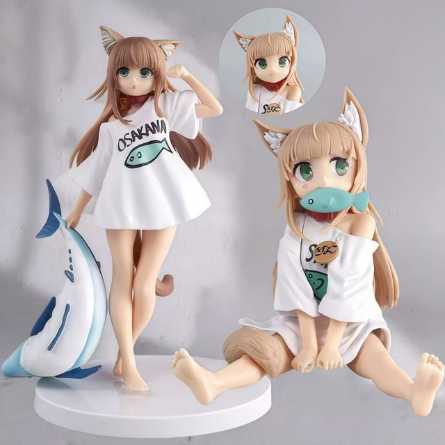 Bandai Goldener Kopf, Kawaii-Katze, Anime-Figur, sitzend, essender Fisch, Puppenspielzeug - Bild 1