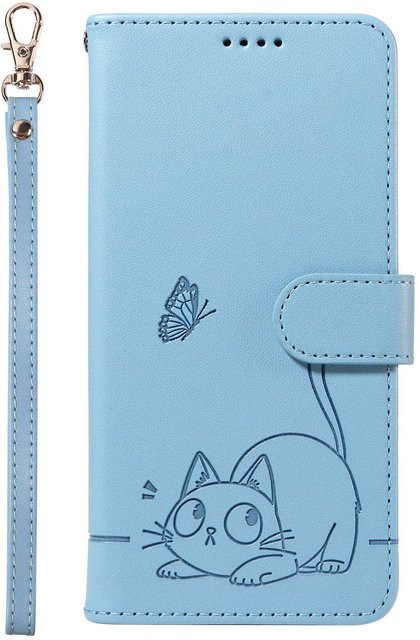 Leder Portemonnaie Klapphülle für Samsung Galaxy M35 in Himmelblau mit Katze und Schmetterling sowie Handgelenkschlaufe - Bild 1