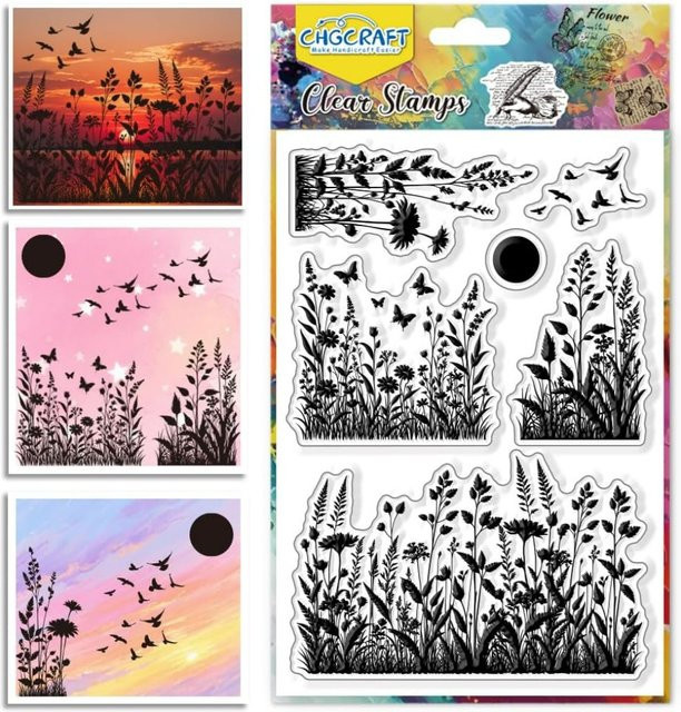 Transparenter Stempel mit Wildblumen-Muster, Vögel und Sonne Silhouette aus Kunststoff - Bild 1
