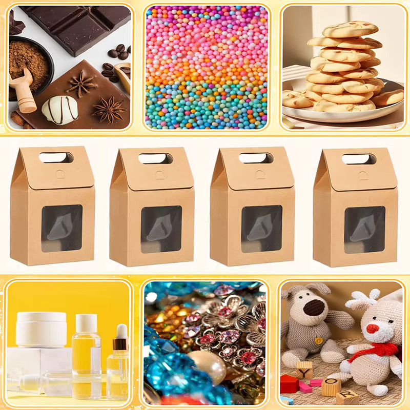 6 oder 12 Stück Kraftpapier-Geschenkboxen mit Fenster und Griffen in Braun zum Falten für Partys und Festbedarf - Bild 5
