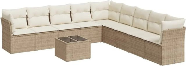vidaXL 10-tlg. Garten-Sofagarnitur aus Poly-Rattan in Beige mit Kissen und Stauraum - Bild 1