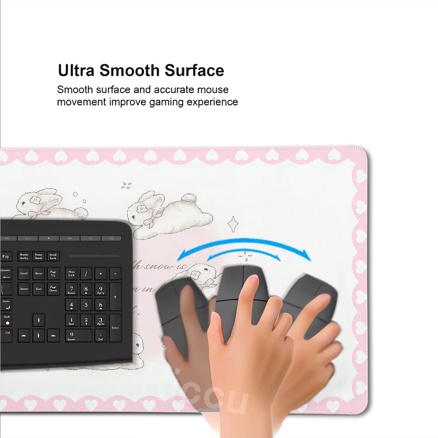 Riccu Mousepad XXL mit niedlichem Kaninchen-Design in Rosa und Weiß als große Schreibtischunterlage für PC und Tastatur - Bild 3