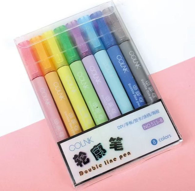 Kawai Marker Set mit fluoreszierender Doppellinien-Umriss Farbe, 8er-Set, Mehrfarbig - Bild 1