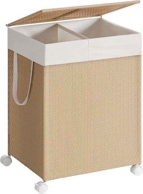 SONGMICS HOME Wäschekorb mit 2 Fächern und Deckel, 100 l Wäschetonne auf Rädern mit Griffen und Wäschebeuteln in Rattan-Optik, Farbe: beige - Bild 1