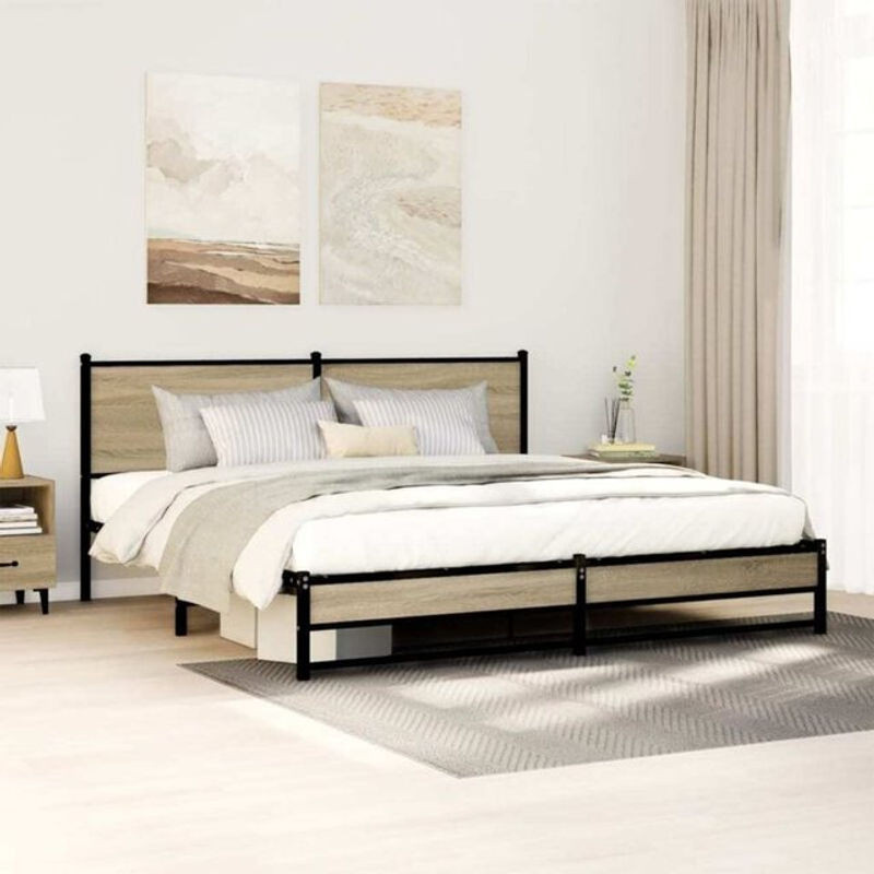 Metallbett Vidaxl in Sonoma-Eiche Natur und Braun im Industrial-Stil, B/T/H: 183 x 213 cm - Bild 1