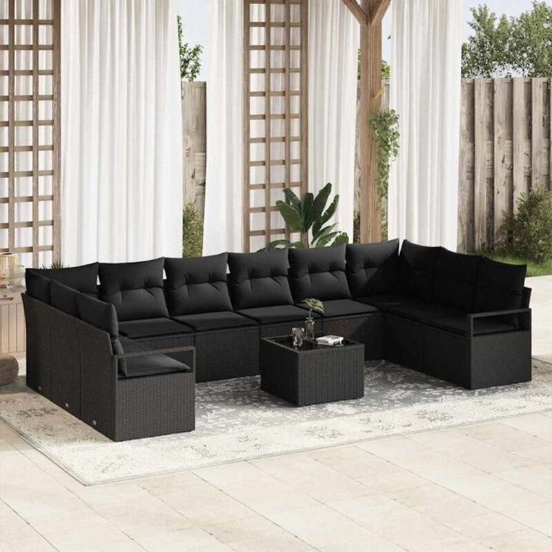 Vidaxl Polyrattan Garten-Sofa-Set mit Kissen und Speicherfunktion, 11-teiliges modulares Loungemöbel-Set aus Stahl in Schwarz - Bild 1