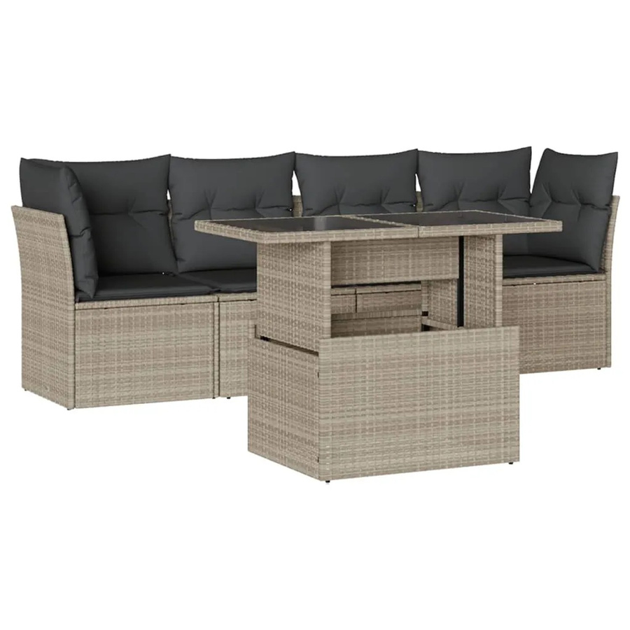 vidaXL 5-teilige Garten-Sofagarnitur aus Polyrattan in Hellgrau mit Tisch und Kissen in L-Form - Bild 2