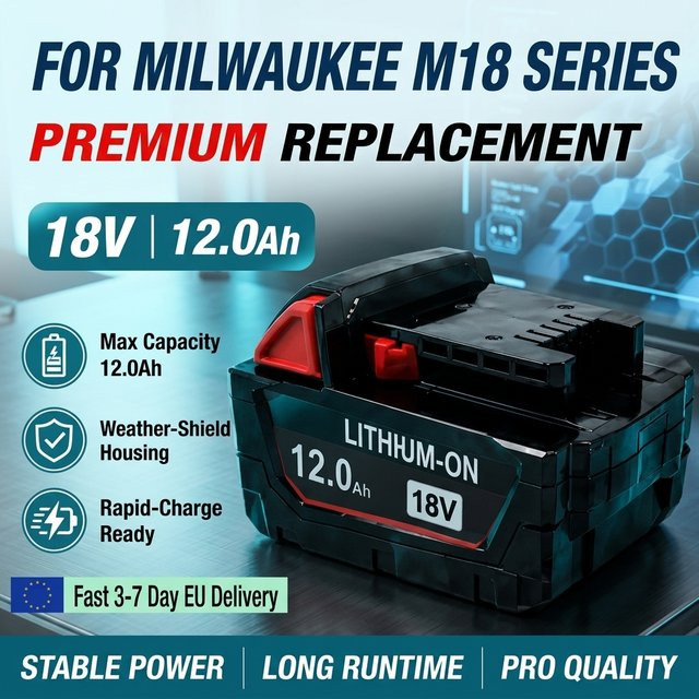 Milwaukee Ersatz-Lithium-Akku 18V 12,0Ah für M18 Serie, Hochkapazitäts-Li-Ionen-Akkupack mit IP54 Staub- und Wasserschutz - Bild 1