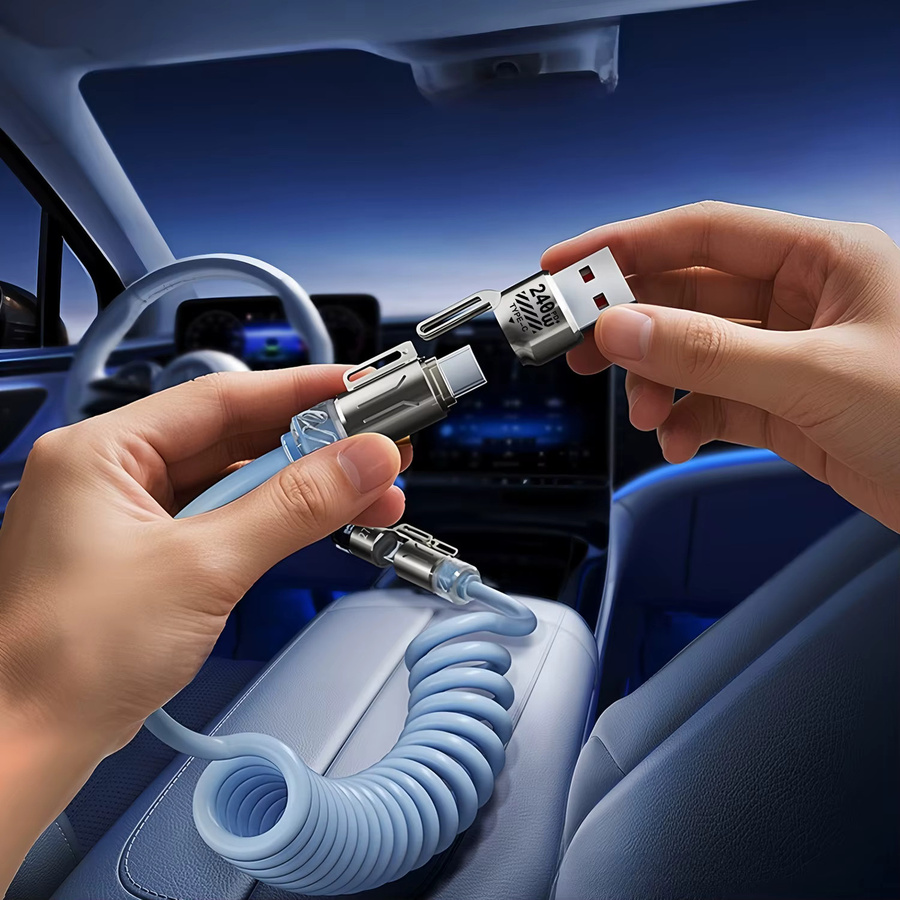 VBNM 4-in-1 Multifunktionales Auto-Schnellladekabel mit einziehbarem Kabel, 240W, Orange, USB-C und Lightning für iPhone und Samsung Galaxy - Bild 2