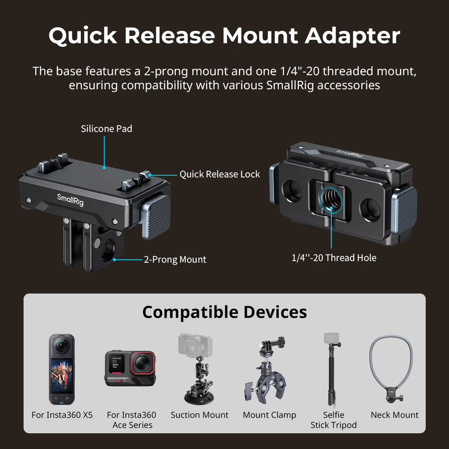 SmallRig Adapterhalterung für Insta360 X5, X4 Air, Ace Pro 2, Ace Pro und Ace mit klappbarer 2-poliger Halterung für Selfie-Sticks, Schwarz, 5814 - Bild 3