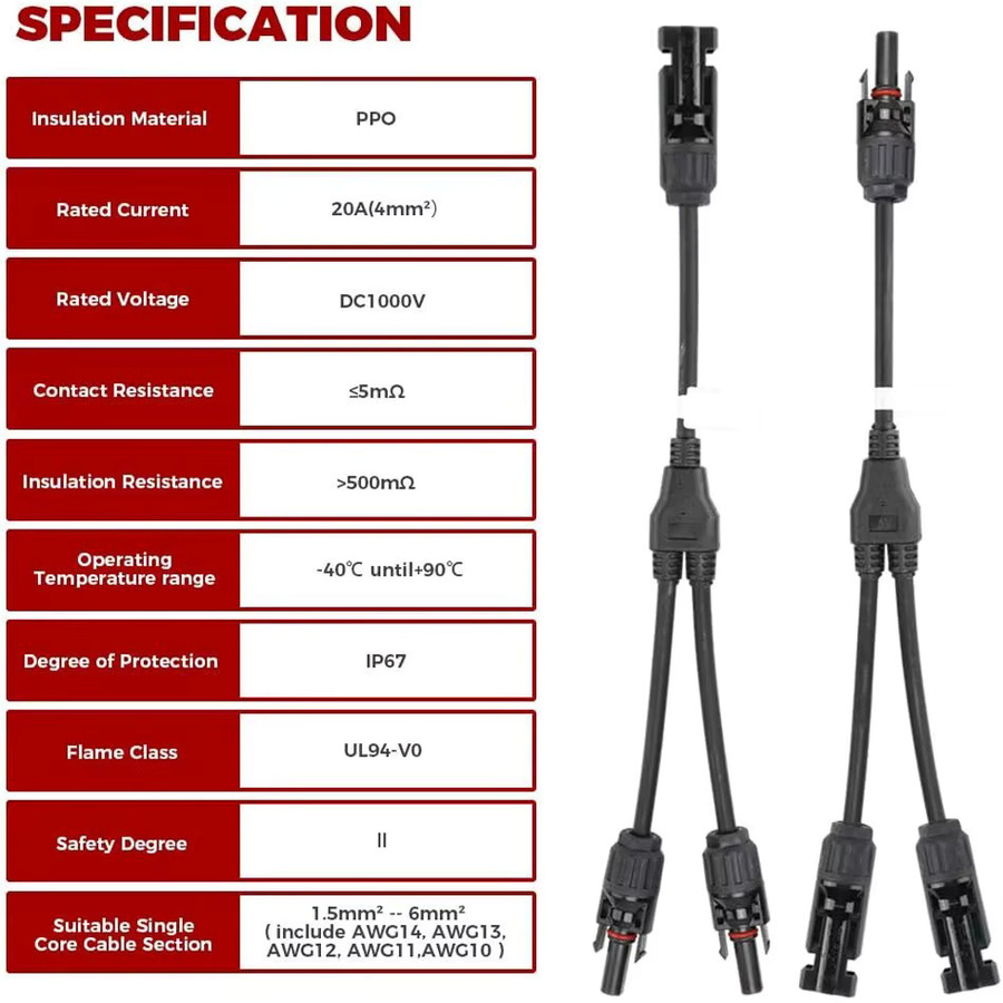 Solar-Steckverbinder Y-Zweig Set mit parallelem Adapterkabel in Schwarz für Solarpanels - Bild 4