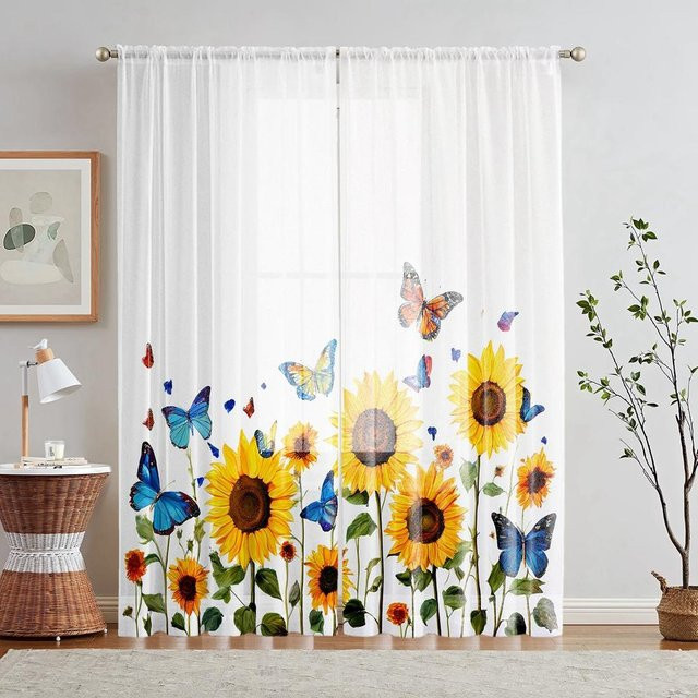 2-teiliges dekoratives Fliegengitter mit Schmetterlings- und Sonnenblumen-Blumendruck in Weiß und Multicolour, B: 132 cm, H: 160 cm - Bild 1