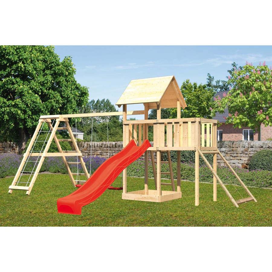 Karibu Spielturm Lotti Klettergerüst mit Doppelschaukel, Plattform, Netz und Rutsche in Rot - Bild 2