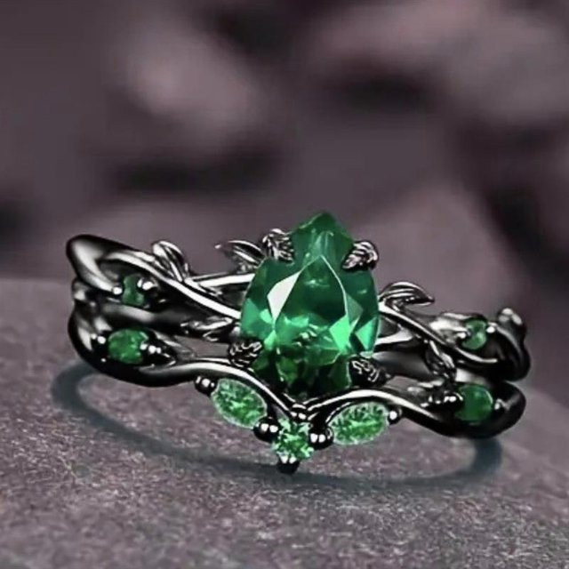 Huitan Leaf Vine Ring, 2 Stück/Set, Schwarz, Zirkonia, Damen - Bild 1