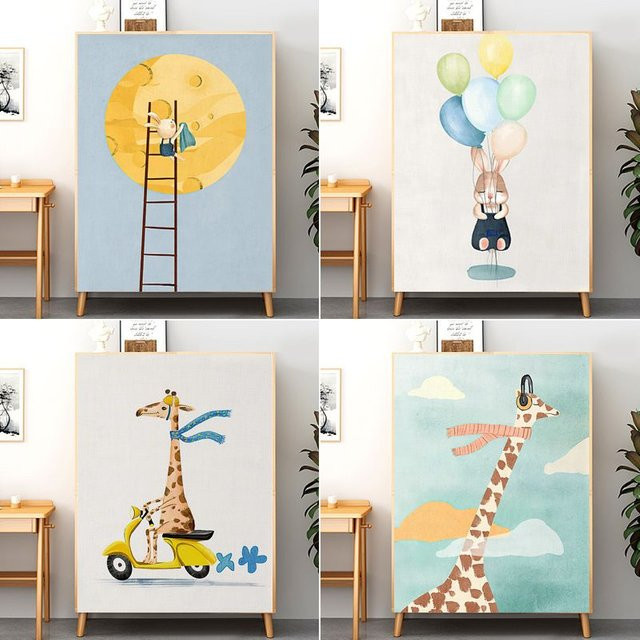 VIKAMA Nordischer Cartoon-Schrankvorhang mit Giraffen- und Hasenmuster, selbstklebend, Schrankabdeckung für Kinderzimmer und Spielzeugaufbewahrung - Bild 1