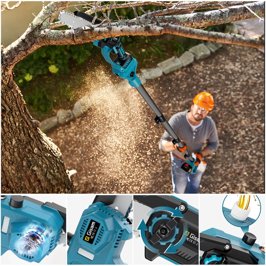 Gisam 2-in-1 Bürstenlose Teleskop-Elektrokettensäge 8 Zoll 4500W Garten-Hochastsäge in Blau für Makita 18V Akku - Bild 2