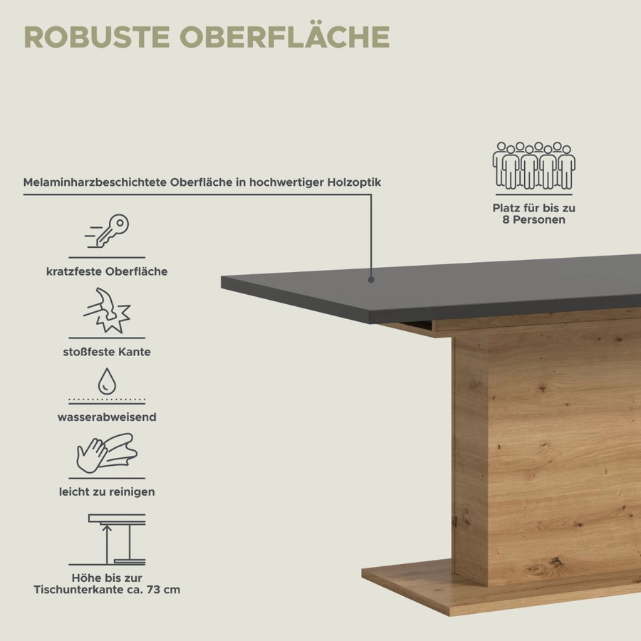 Home-X Esstisch ausziehbar in Grau und Eiche, modern und rechteckig - Bild 6