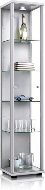 K-Möbel Glasvitrine stehend in Silber mit LED-Beleuchtung und Glasböden, H x B x T: 176 x 37 x 33 cm - Bild 1