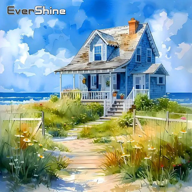 Ever shine 5D DIY Diamant Mosaik Set Landschaft Haus Meer Wanddekoration, Mehrfarbig, B x H: 20 x 20 cm - Bild 1