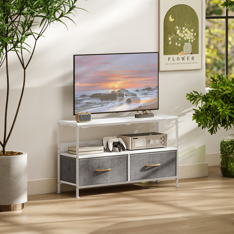 HOMCOM TV-Möbel mit Regal und 2 faltbaren Stoffschubladen für Fernseher bis 119,4 cm, Weiß und Grau, Länge: 98 cm - Bild 2