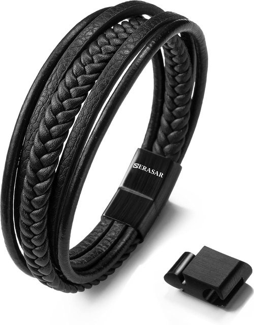 SERASAR Armband, Rindsleder, geflochten, schwarz, 23 cm, Herren - Bild 1